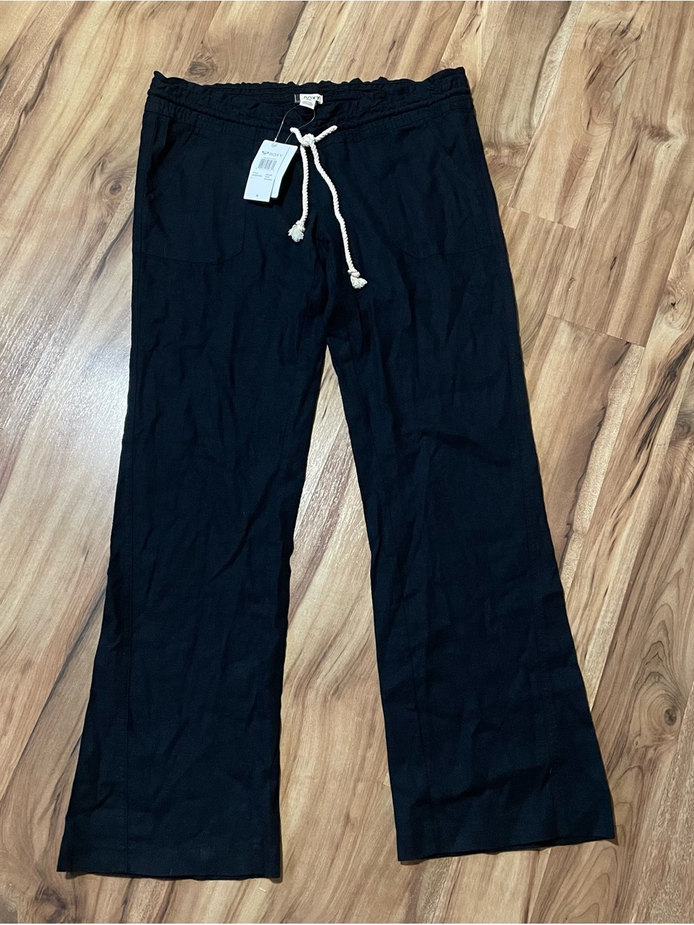 NWT Roxy Oceanside Black Linen Blend Wide Leg Drawstring Beach Pants Medium